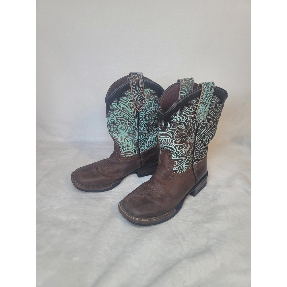 Roper Kids Western Cowboy Boots Size 1 Square Toe Farm Brown Leather Turquoise